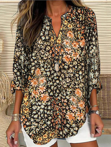 

Notched Long Sleeve Floral Regular Loose Blouse For Women, Khaki, Blouses