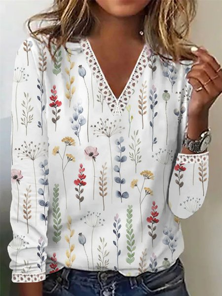 

Casual Floral V Neck Long Sleeve T-shirt, White, T-shirts