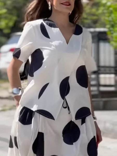 

Polka Dots Casual Short Sleeve V Neck Blouse, Black-white, Blouses and Shirts