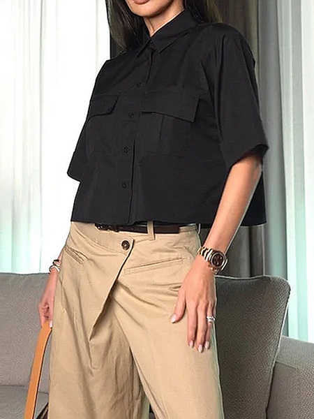 

Urban Shirt Collar Short Sleeve Loose Shirt, Black, Blouses and Shirts