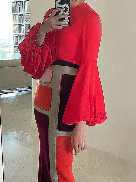 

Crew Neck Long Sleeve Plain Elegant Loose Blouse, Red, Blouses and Shirts
