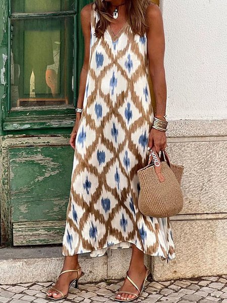 

Loose Geometric V Neck Casual Dress With No, As picture, Maxi Dresses