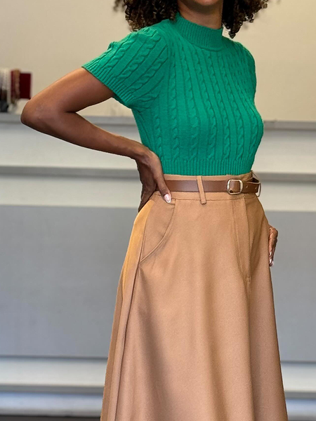 

High Elasticity Urban Tight Crew Neck Short Sleeve Plain Sweater, Green, Pullovers