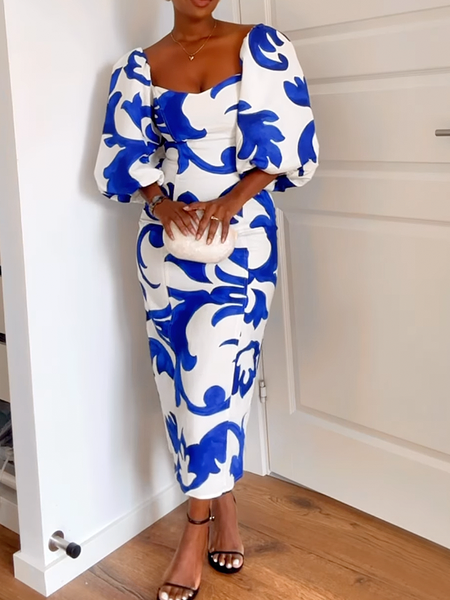 

Elegant Regular Fit Square neck Half Sleeve Maxi Dress, Blue, Maxi Dresses