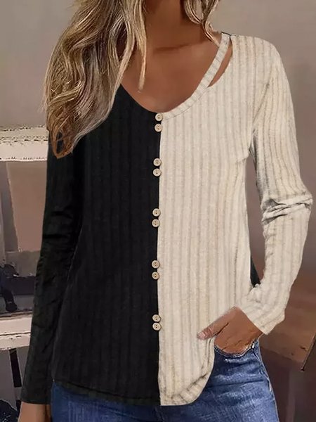 

Casual Color Block V Neck Long Sleeve T-shirt, Khaki, T-shirts