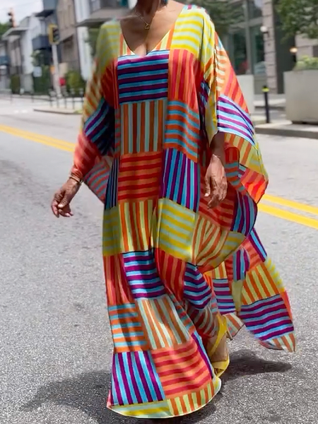 

Geometric Loose Urban V Neck Short Sleeve Maxi Dress, As picture, Maxi Dresses