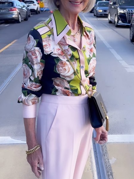

Shirt Collar Elegant Regular Fit Floral Shirt, As picture, Blouses and Shirts