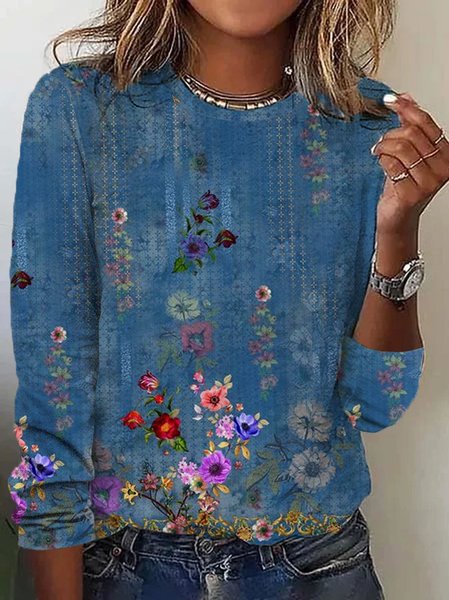 

Casual Floral Crew Neck Long Sleeve T-shirt, Blue, T-shirts