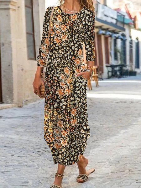 

Women Floral Crew Neck Long Sleeve Comfy Casual Maxi Dress, Black, Maxi