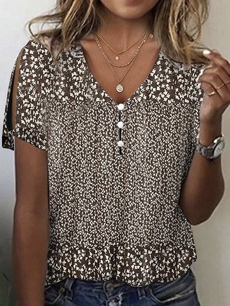 

Casual Ethnic V Neck Short Sleeve T-shirt, Brown, T-shirts