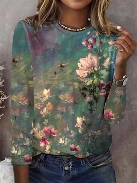 

Casual Floral Crew Neck Long Sleeve T-shirt, Green, T-shirts
