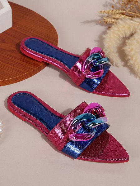 

Colorblock Chain Decor Slide Sandals, Rose red, Slippers