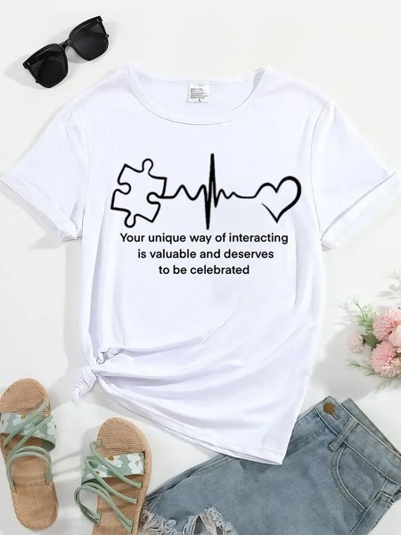 

Casual Text Letters Crew Neck Short Sleeve T-shirt, White, T-shirts