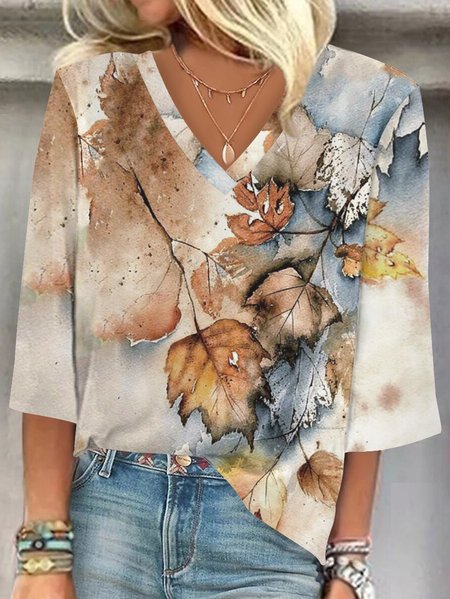 

V Neck Three Quarter Sleeve Floral Regular Loose Blouse For Women, Color1, Blouses