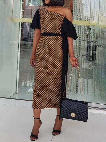 

Regular Fit Color Block Urban Dress With Belt, Brown, Maxi Dresses