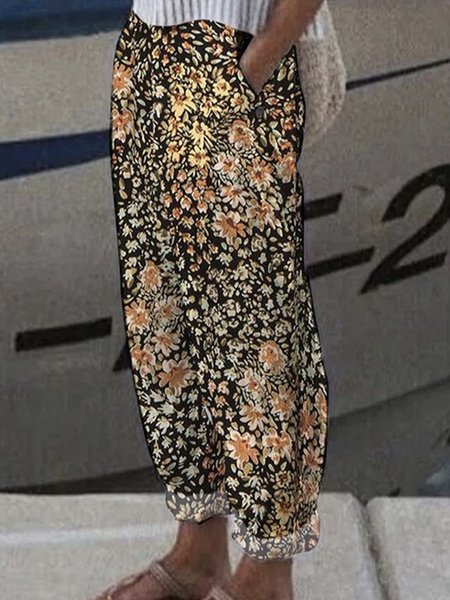 

Casual Floral Long Pant, Black, Pants