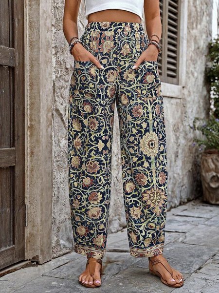 

Casual Floral Long Pocket Stitching Pant, Blue, Pants