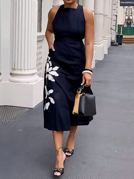 

Elegant Regular Fit Pocket Stitching Sleeveless Midi Dress, Black, Midi Dresses