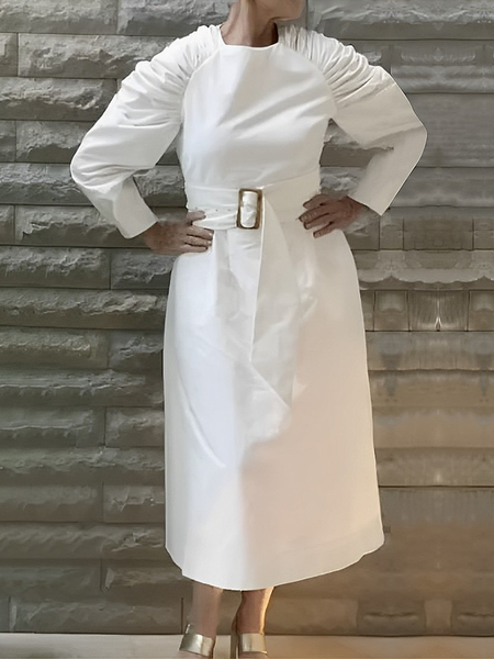 

Urban Plain Crew Neck Long Sleeve Loose Maxi Dress With Belt, White, Maxi Dresses