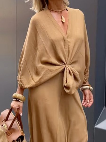 

V Neck Loose Plain Casual Blouse, Khaki, Blouses and Shirts