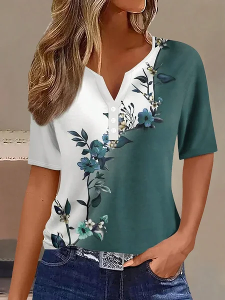 

Women's Short Sleeve Blouse Summer Floral Buckle Notched Daily Going Out Casual Top Green, T-Shirts