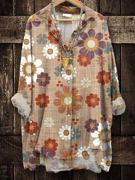 

Floral Loose Shawl Collar Vacation Shirt, As picture, Blouses & Shirts