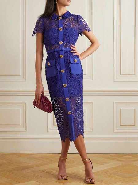 

Lace Regular Fit Shirt Collar Elegant Dress With Belt, Purple, Midi Dresses