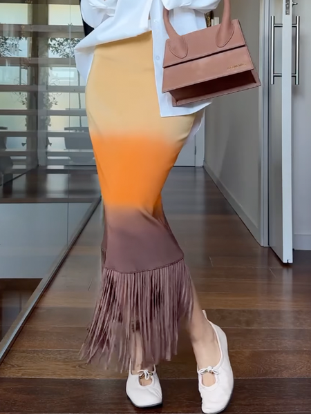 

Micro-Elasticity Elegant Regular Fit Gradient Pattern Maxi Skirt, As picture, Skirts