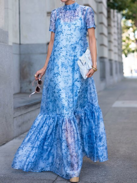 Floral Stand Collar Elegant Long Dress, Blue, Maxi Dresses