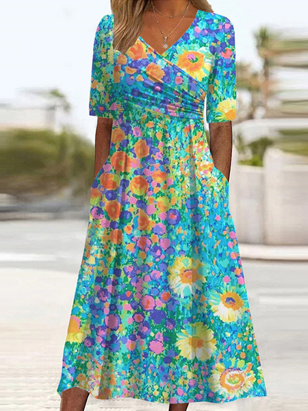

Women's Half Sleeve Summer Floral Knitted Dress V Neck Daily Going Out Casual Midi X-Line Blue, Dresses