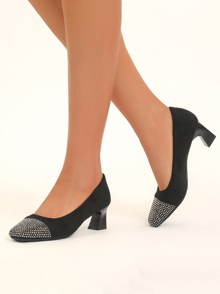 Rhinestone Square Toe Spool Heel Pumps, Black, Heels