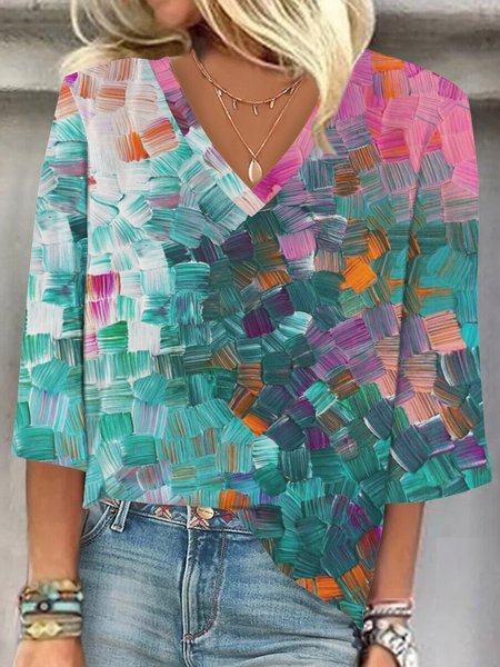 

V Neck Floral Loose Casual Blouse, Multicolor, Blouses