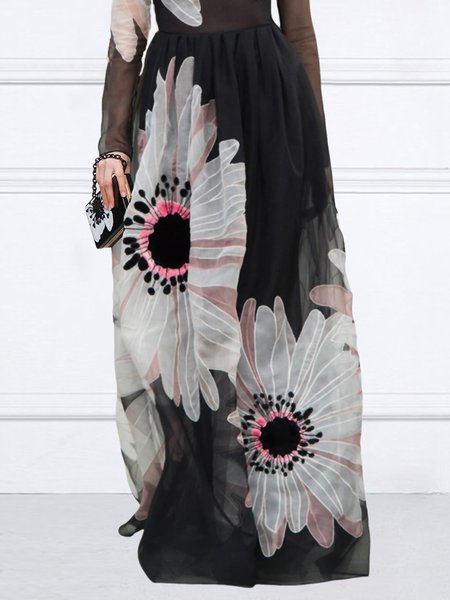 

Loose Elegant Floral H-Line Long Skirt, Black, Skirts