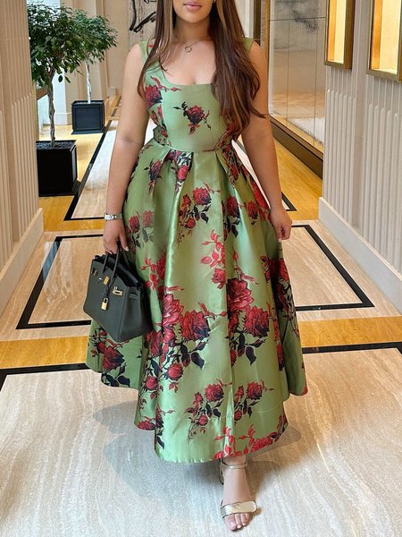 

Floral Elegant Square Neck Prom Maxi Dress, Green, Maxi Dresses