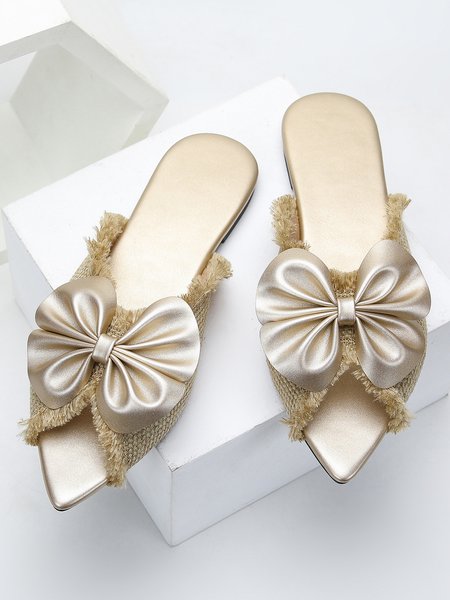 

Bowknot Linen Fringed Peep Toe Slide Sandals, Apricot, Slippers