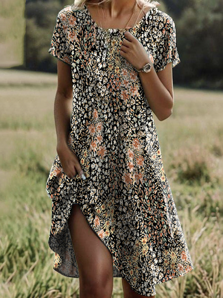 

Women Floral Shawl Collar Short Sleeve Comfy Casual Mini Dress, Brown, Midi