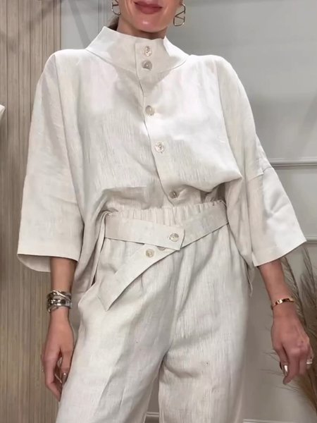 

Loose Stand Collar Buttoned Casual Shirt, Off white, Blouses and Shirts