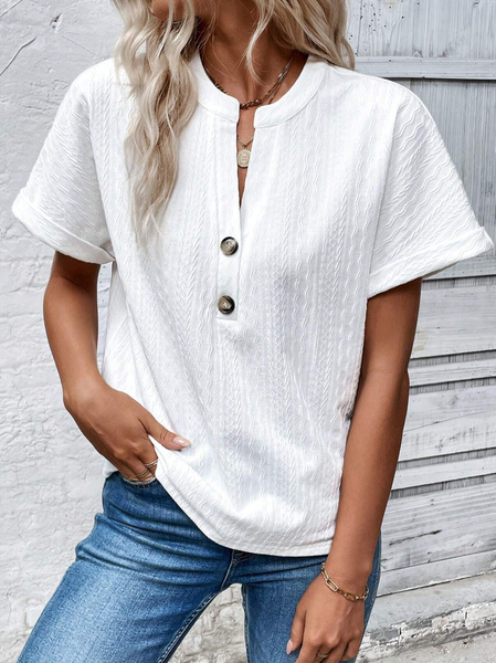 Women's Short Sleeve Blouse Summer White Plain Buckle Crew Neck Daily Going Out Casual Top
