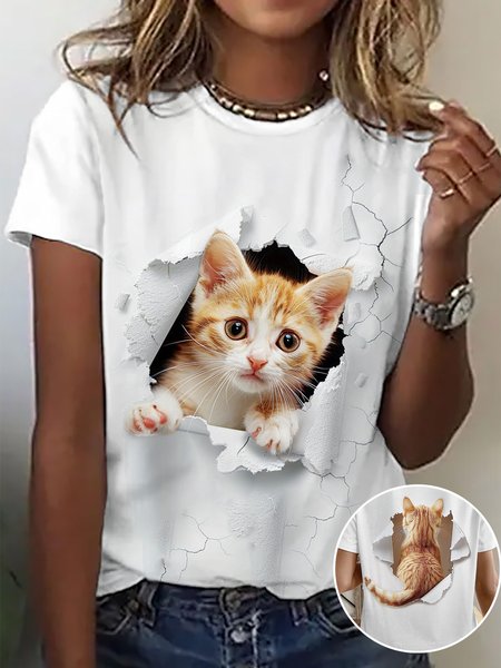 

Casual Cat Crew Neck Short Sleeve T-shirt, White, T-shirts