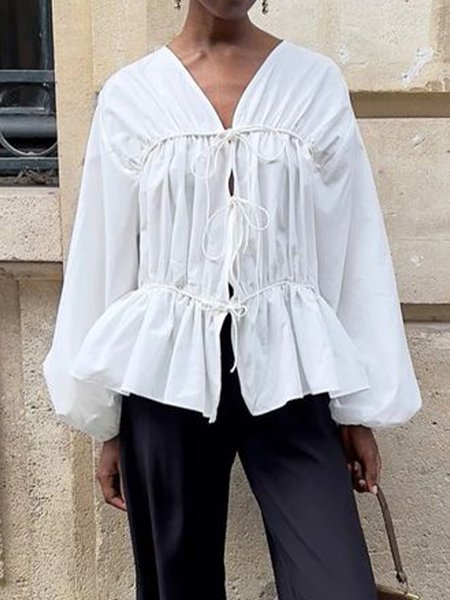 

Loose V Neck Casual Plain Shirt, White, Blouses and Shirts