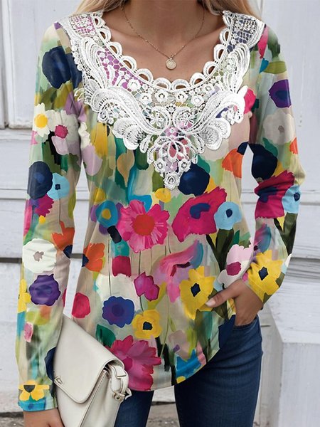 

Casual Floral Crew Neck Long Sleeve T-shirt, Multicolor, Blouses