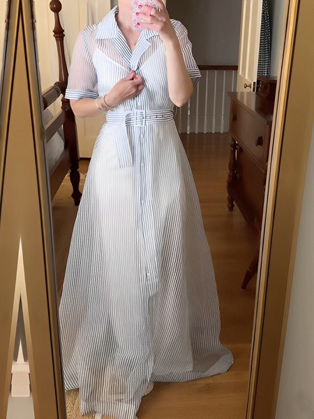 

Shirt Collar Short Sleeve Regular Fit Elegant Striped Maxi Dress With Belt, As picture, Maxi Dresses