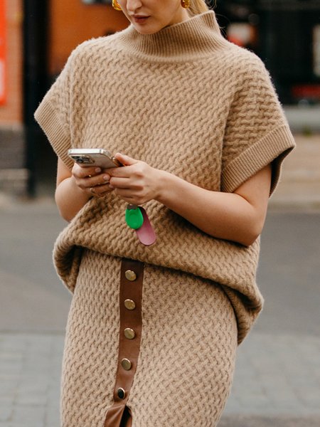 

Turtleneck Plain Short Sleeve Loose Urban Sweater, Khaki, Pullovers