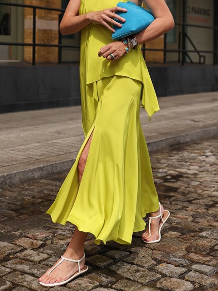 

Plain High Waist Elegant Slit Skirt, Yellow, Skirts