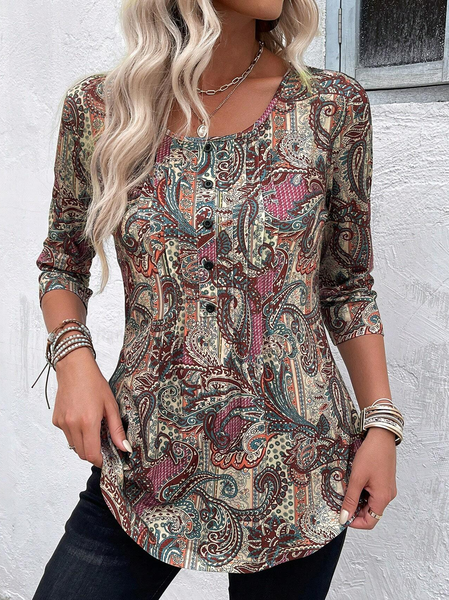 

Casual Cashew Flowers Crew Neck Three Quarter Sleeve T-shirt, Multicolor, T-shirts