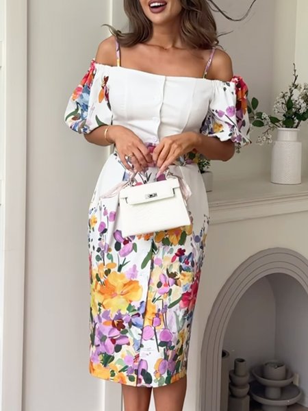 

Cold Shoulder Regular Fit Floral Elegant Dress With Belt, White, Midi Dresses