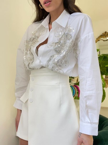 

Loose Shirt Collar Plain Urban Long Sleeve Shirt, White, Blouses and Shirts