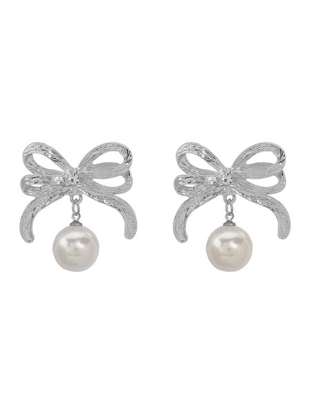 

Elegant Imitation Pearl Bowknot Dangle Earrings, Silver, Earrings