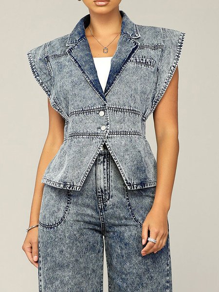 

Lapel Collar Casual Plain Denim Shirt, Blue, Blouses and Shirts