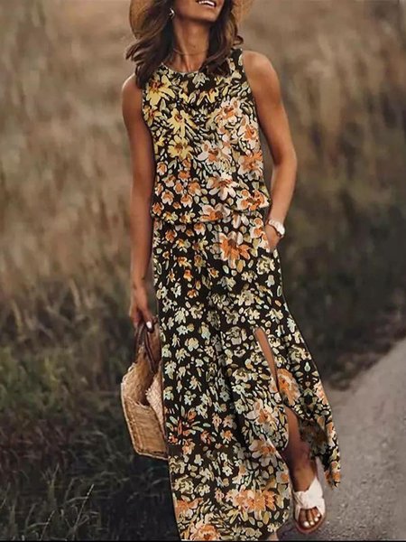 

Women's Sleeveless Summer Floral Knitted Dress Crew Neck Daily Going Out Casual Maxi H-Line Tank Brown, Dresses